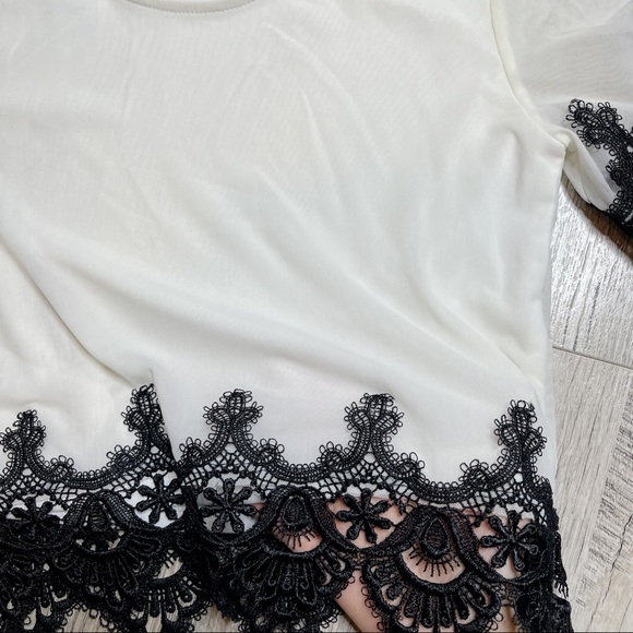 Agaci White Short Sleeve Crop Top With Mesh Sleeves and Black Fringe - Picture 5 of 9
